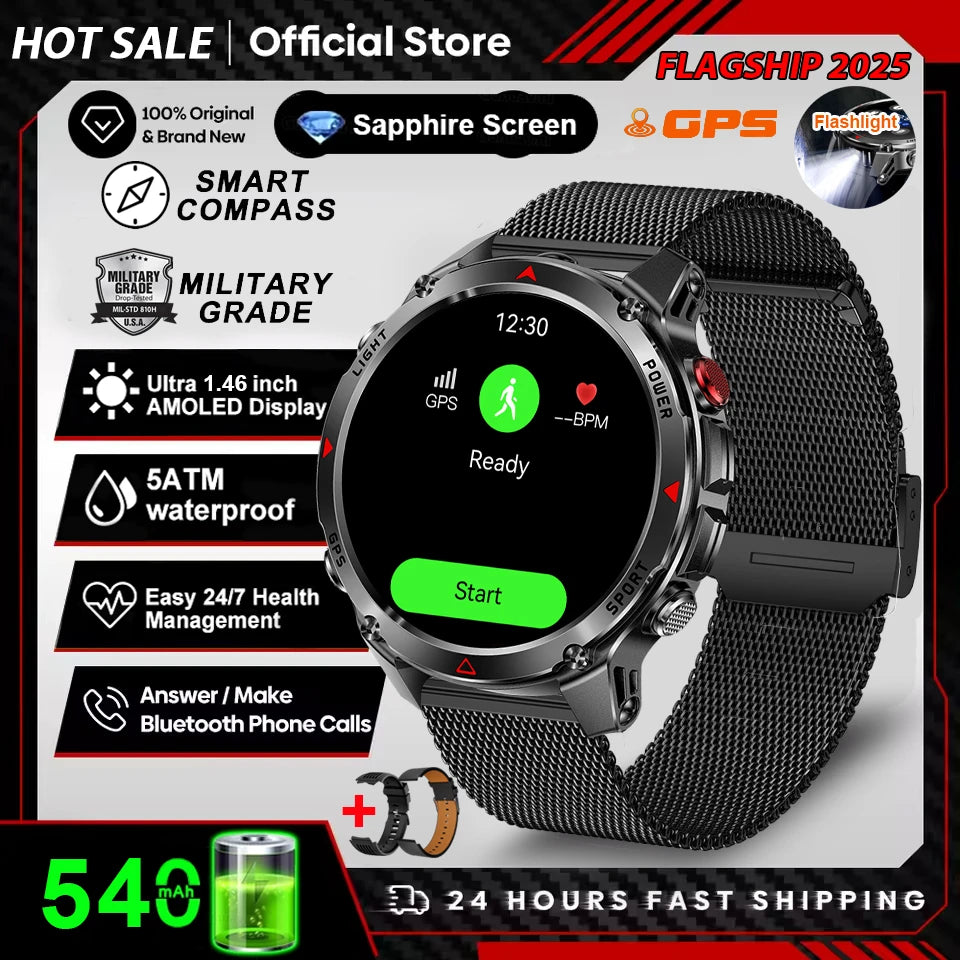 2025 New Military Bluetooth Call Smart Watch Built-in GPS Compass Barometric Altimeter 3ATM Waterproof Sports Smartwatches Men