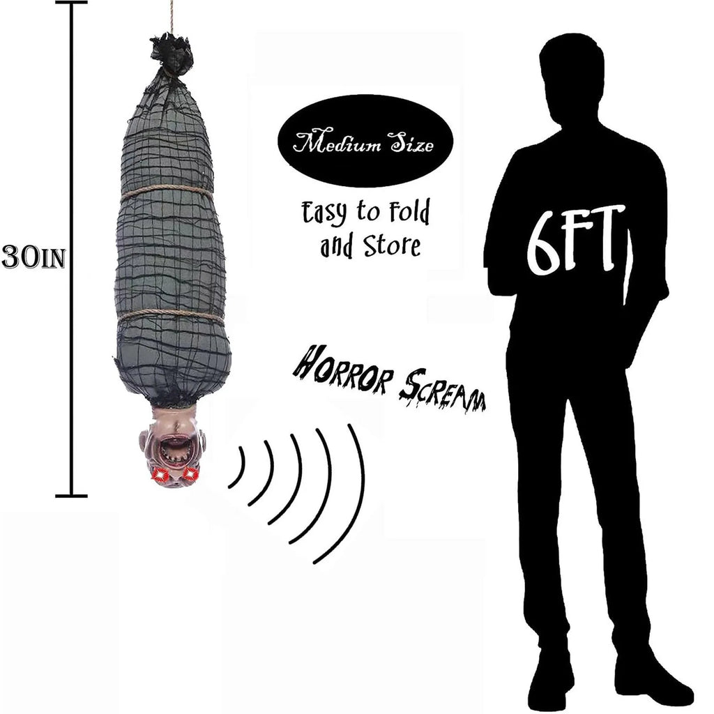 2.46 Ft Halloween Hanging Animated Corpse With LED Light Up Eyes Talking & Shaking Scary Ghost Sound Effect For Halloween Decor