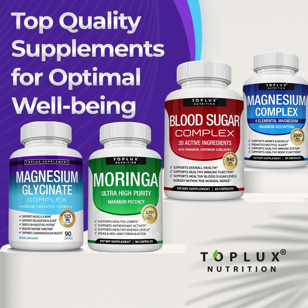 Premium Magnesium Complex Supplement 1000mg Magnesium Glysinate 525mg Blood Sugar Complex 940mg Moringa Capsules 1200mg Non-GMO