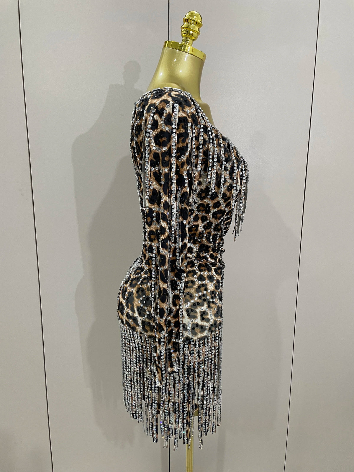 2025 New Sparkle Diamond Tassel One Shoulder Leopard Print Stretch Mini Dress Women Birthday Party Sexy Nightclub Stage Costume
