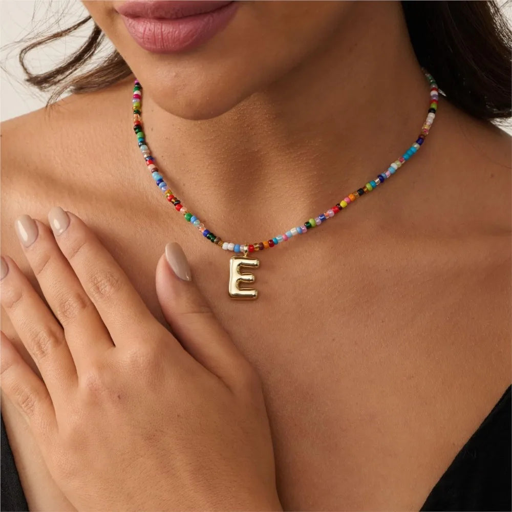 Initial 26 Letter Colorful Beaded Pendant Necklace for Women Vintage Boho Choke Collares Trendy All-match & Exquisite Jewelry