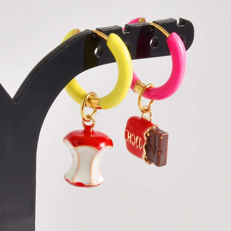 1Pair Dopamine Enamel Sweet Heart  Cute Bee Flower Y2K Girl Aesthetic Aretes Funny Food Cake Gothic Star Hoop Earrings Jewelry