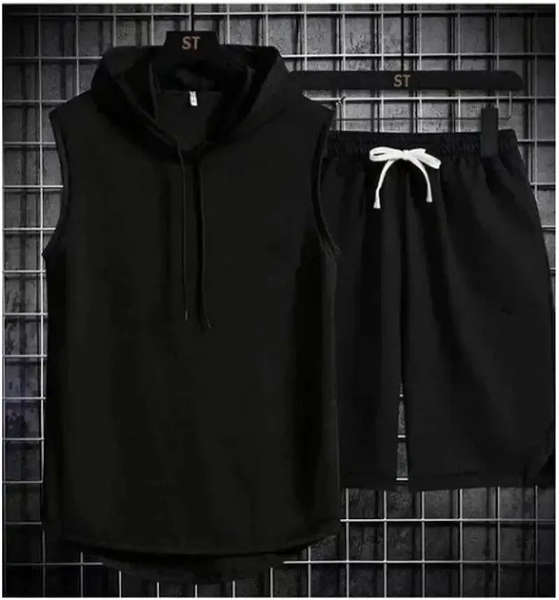 2025 Summer New Men's Two-Piece Casual T-shirt and Shorts Set Men's Sports Set Fashionable Short-Sleeved Sports Set Hooded T-shi