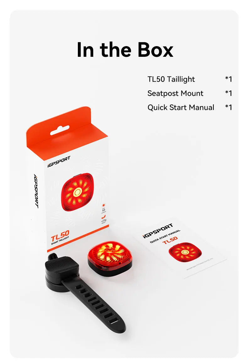 iGPSPORT TL50 Bike Tail Light Rear Bike Light Di2 Control 6 Light Mode Automatic Brake Sensing USB Rechargeable