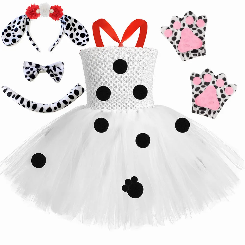 HJTT Toddler Girls Dalmatian Dog Costume Polka Dot Spotted Puppy Tutu Dress Dalmatians Costume for Kids Halloween Party Dress Up