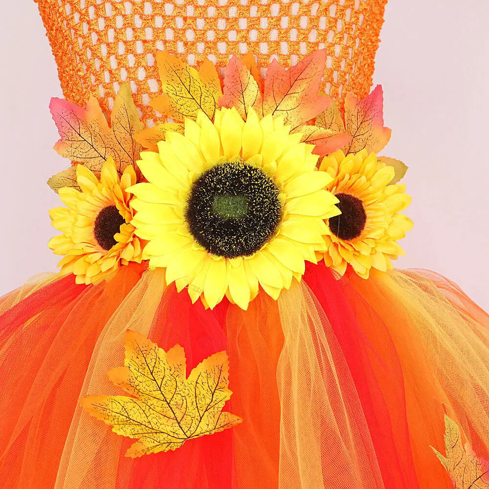 Maple Leaf Sunflower Fairy Costumes Girls Fall Autumn Long Tutu Dress for Kids Thanksgiving Halloween Fancy Outfit with Wings