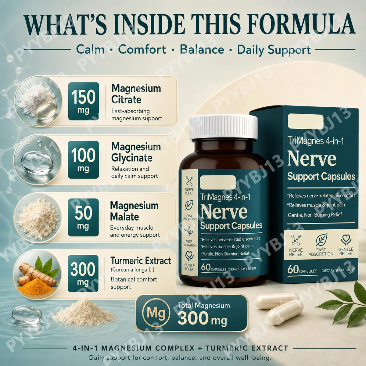 4-in-1 Magnesium Nerve Support Capsules with Citrate Glycinate Malate & Turmeric Extract, 60 CT, Fast Absorption Formula