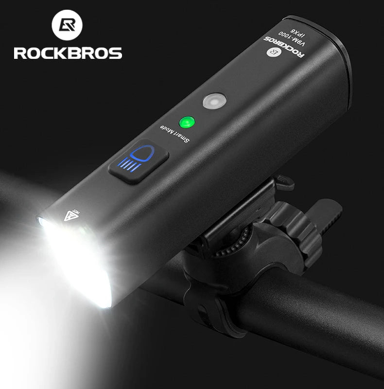 ROCKBROS Bike Light Bicycle Light Smart Vibration Sensing 1000Lumen 4000mAh 5 Modes Type-c LED Flashlight MTB Front Bike Lamp