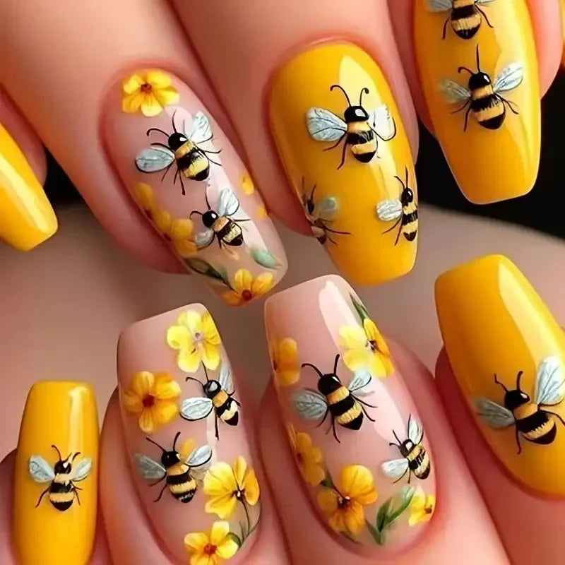24Pcs Set Medium Long Press On Nails Spring And Summer Flower Butterfly Bee Design Reusable Daily Party Manicure Supply
