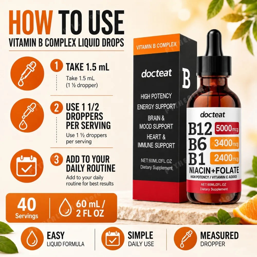 Docteat B Complex Drops 60ml High Potency B12 5000mcg Methylcobalamin Energy Brain Mood Heart Immune Support Non GMO Vegan