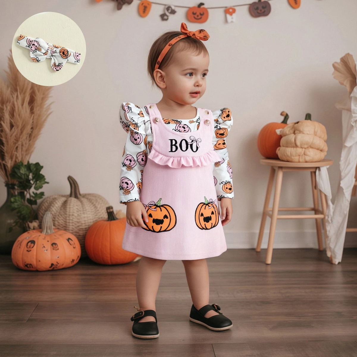 0-18M Baby Girl Halloween Outfit Long Sleeve Romper Pumpkin Print Overall Dress Headband Set Newborn Fall Clothes