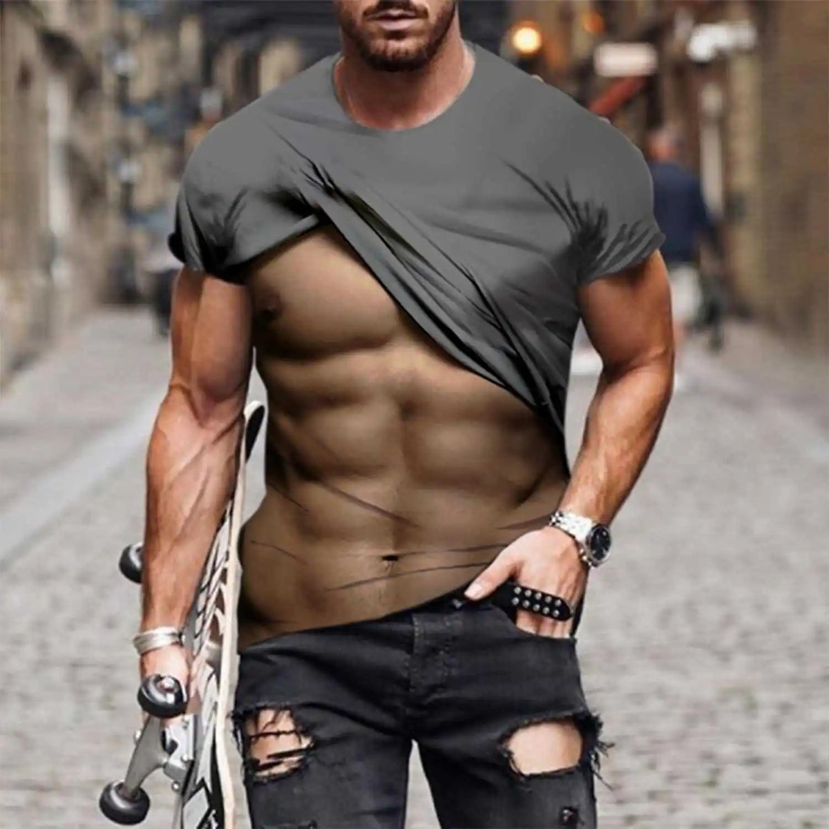 Men's 6-pack Abdominal Muscle T-shirt 3D Printed Short Sleeved Fitness Running Sports Casual Loose Short Sleeved Comfortable Shi