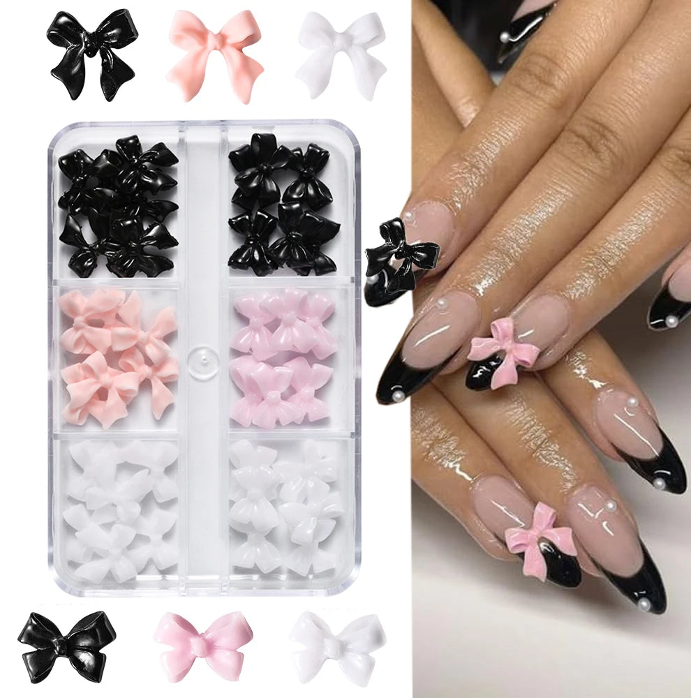 1 Box Pink White Black Resin Flatback Bow Charms 6 Grids 30Pcs For Acrylic Nails Household Salon Manicure Supply