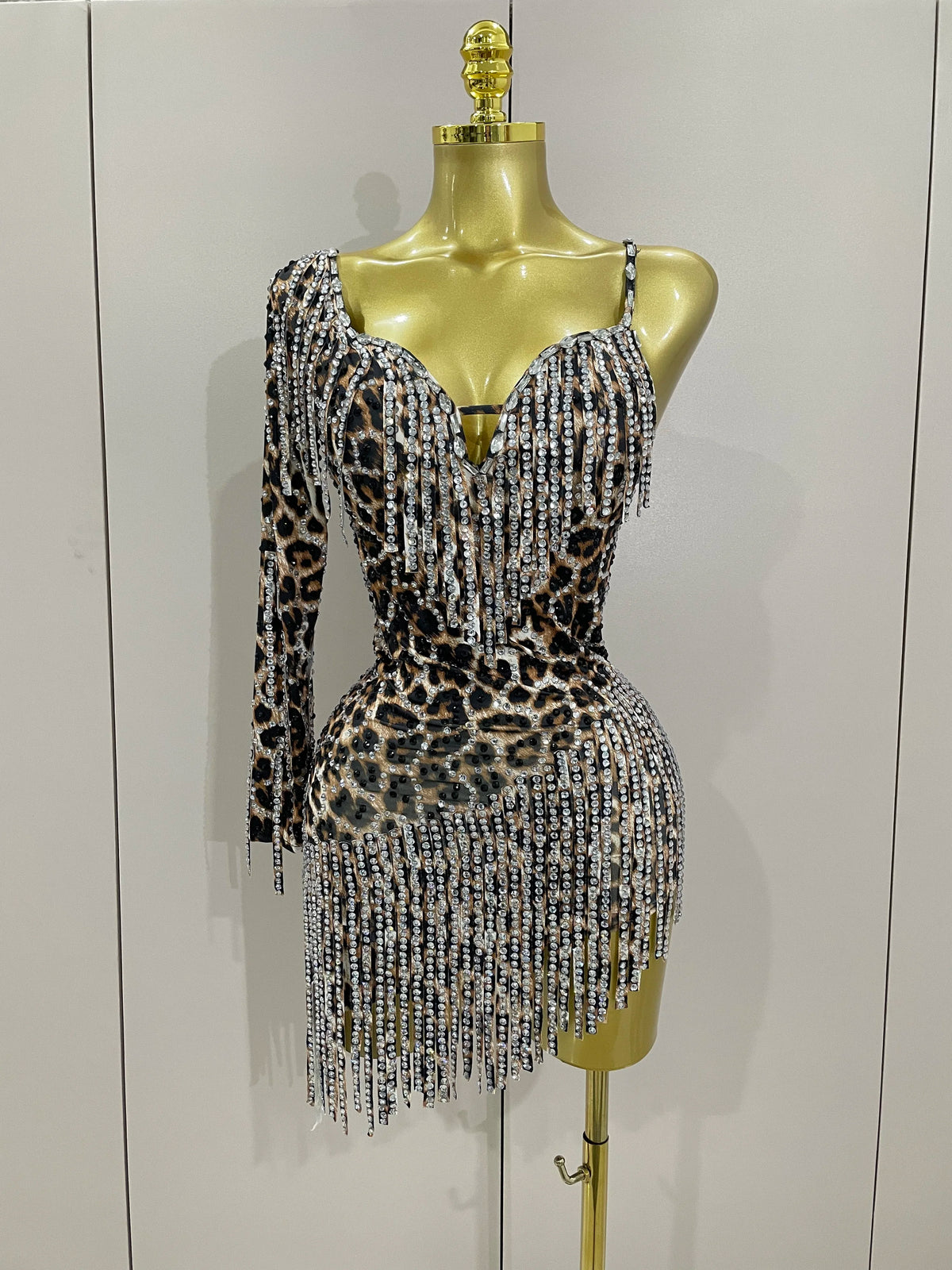 2025 New Sparkle Diamond Tassel One Shoulder Leopard Print Stretch Mini Dress Women Birthday Party Sexy Nightclub Stage Costume
