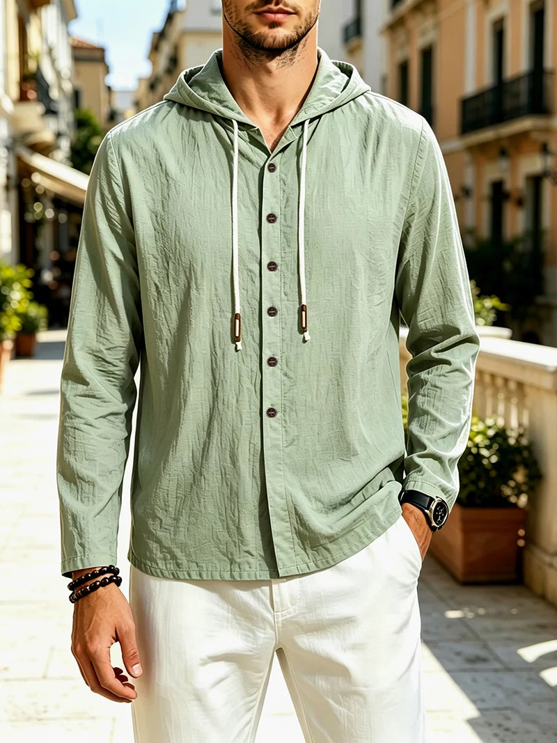 2026 New Men Linen Hooded Long Sleeve Shirt Drawstring Hood Casual Beach Vacation Travel Daily Walking Button Down Blouse