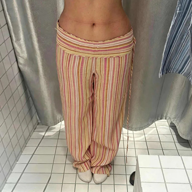 Pants Leg Stripe Women's Trousers Adjustable Waist Wrap Loose Summer Floor Length Boho Palazzo Trousers Women's Outfit For Women