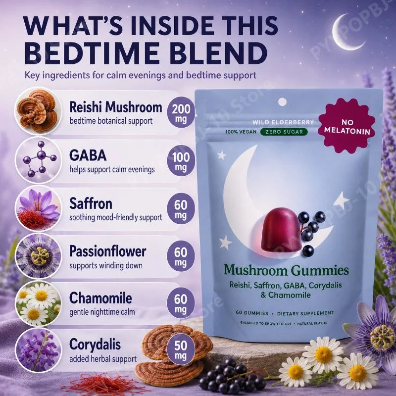 Mushroom Gummies with Reishi GABA Saffron Chamomile Supports Evening Relaxation No Melatonin Zero Sugar Vegan 60 Gummies