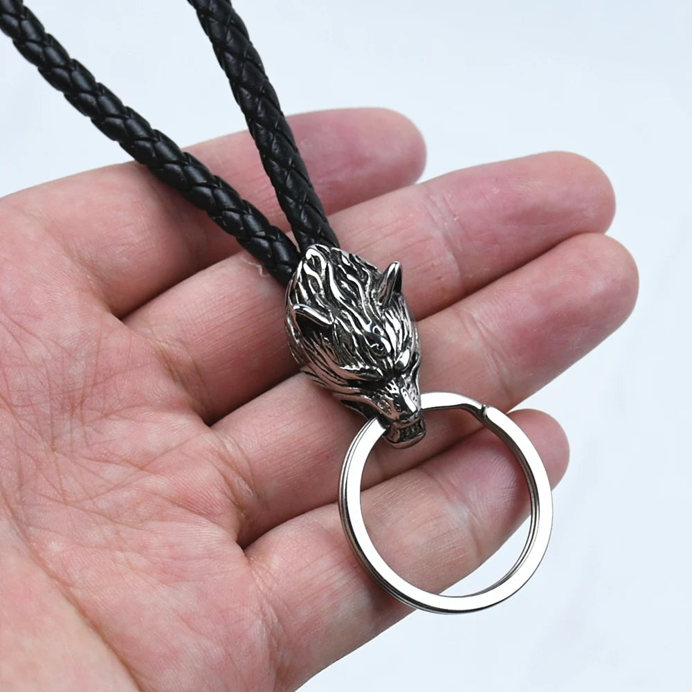 1Pcs Stainless Steel Wolf Amulet Jewelry PU Braided Woven Leather Keychain Viking Accessories Key Ring For Knife Car Decoration