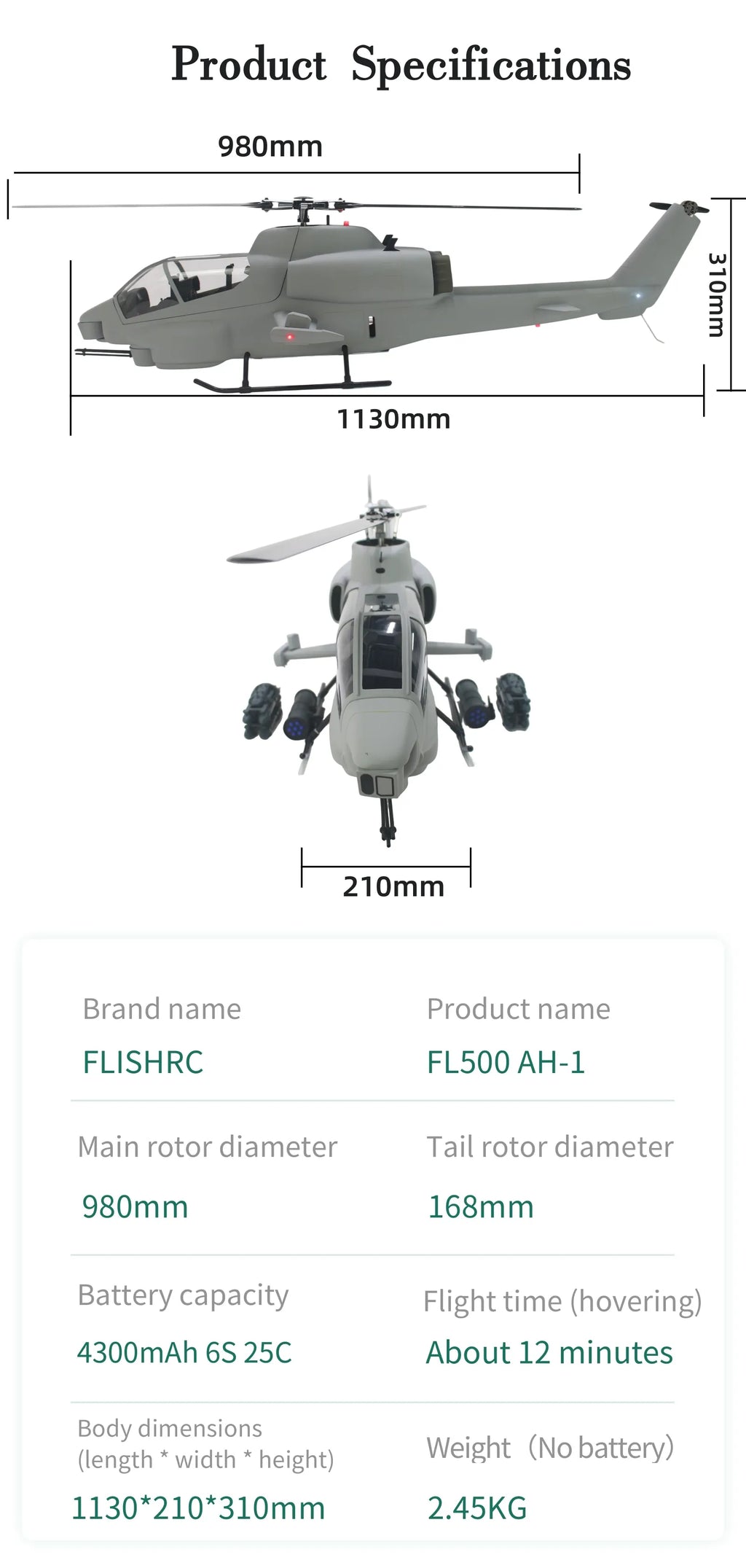 FL500 V2 FLISHRC 500 AH-1 Cobra 500 Size Scale Helicopter GPS with L7 Flight Control RTF