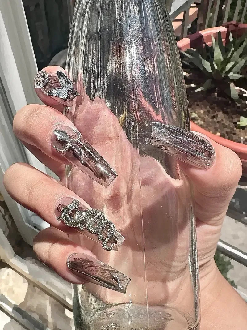 Punk Dragon Charms Press on Nail Artificial Long False Nails XS Black Dragons Goth Presson Tips Butterfly Fake Nail y2k Pressons