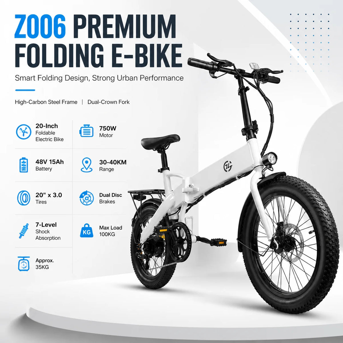 Powerful 750W Foldable Electric Bike 20 Inch Urban E-Bicycle 48V 15Ah Battery E-Bike Dual Disc Brakes 7-Level Shock Absorption