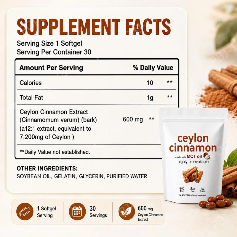Ceylon Cinnamon Softgels with MCT Oil Daily Wellness Support Highly Bioavailable 30 Softgels