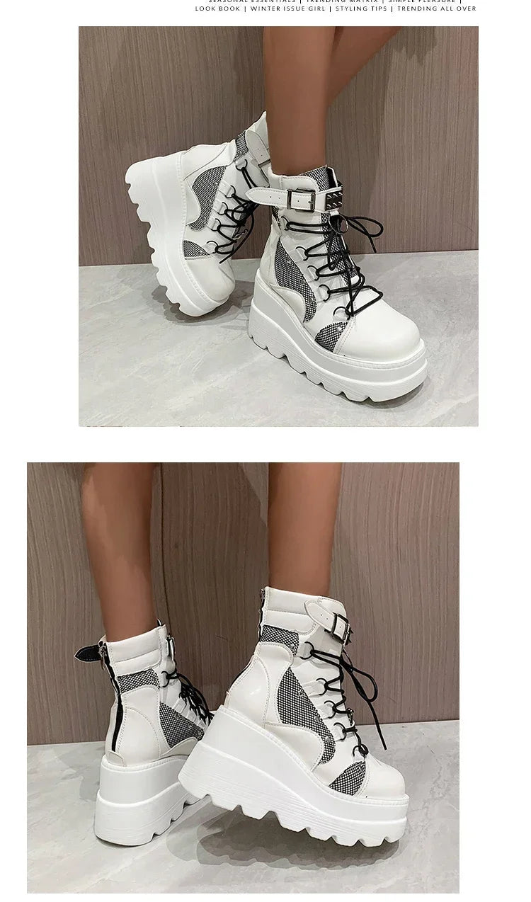 2025 New Design Women Punk Gothic Motorcycle Boots Platform Chunky High Heel Ankle Boot Ladies Cool Wedge Black Female Shoes