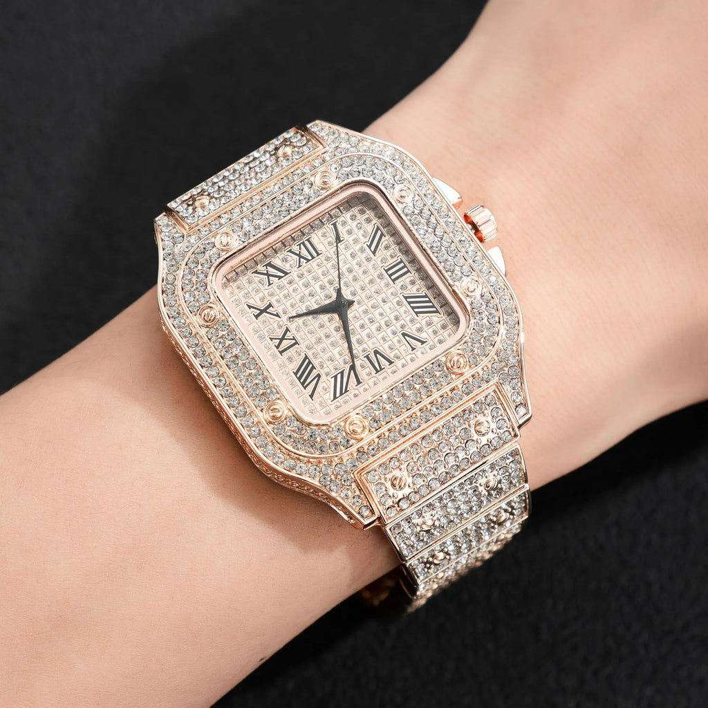 Men's Business Square Starry Sky Steel Belt Diamond-Inlaid European American Roman Fashion Quartz Wristwatch Gift