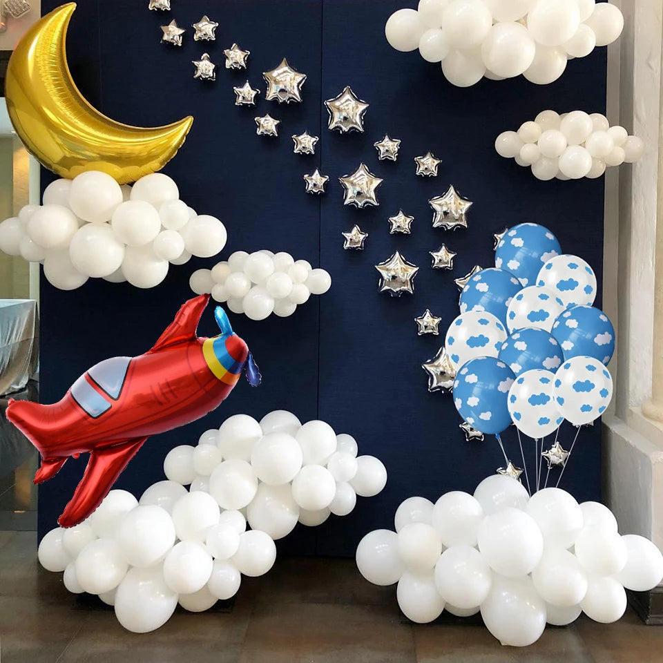 12 Inch Latex Balloon Birthday Party Decoration Kid Boy Blue White Cloud Balloon Birthday Airplane Banner Party Balloon 10pcs