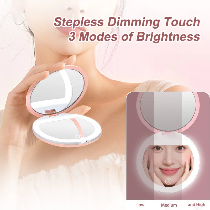 Compact Mirror with Light, 1X/3X Magnification LED Pocket Mirror with USB Data Cable, Pink Mini Mirror for Purse, Pocket,Travel