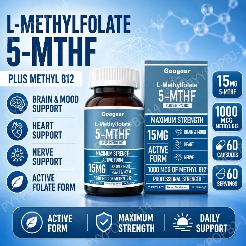 Googeer L Methylfolate 15mg + Methyl B12 1000mcg Active Folate B12 Support 60 Capsules