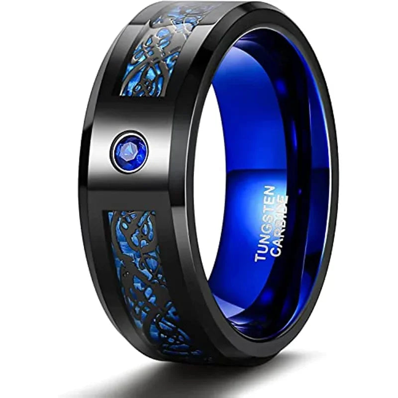 Tigrade 8MM Tungsten Rings for Men Women Cubic Zirconia Eternity Ring Black/Blue/Green/Red Color Cz Celtic Dragon Wedding Bands