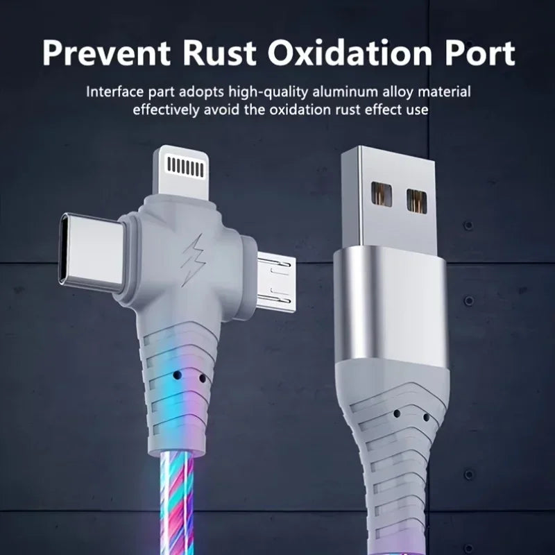 3 in 1 Flowing Glowing Light  Fast Charging Cable Micro  Type C for Iphone 14 13 12 11 Pro  Charging for  Data Line Charge Cord