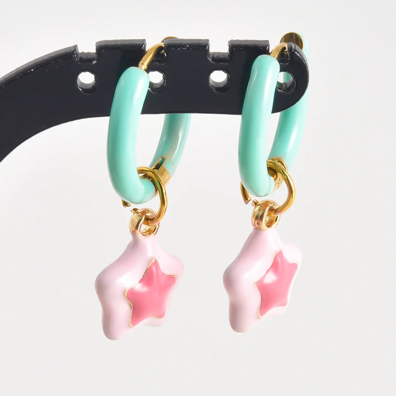 1Pair Dopamine Enamel Sweet Heart  Cute Bee Flower Y2K Girl Aesthetic Aretes Funny Food Cake Gothic Star Hoop Earrings Jewelry