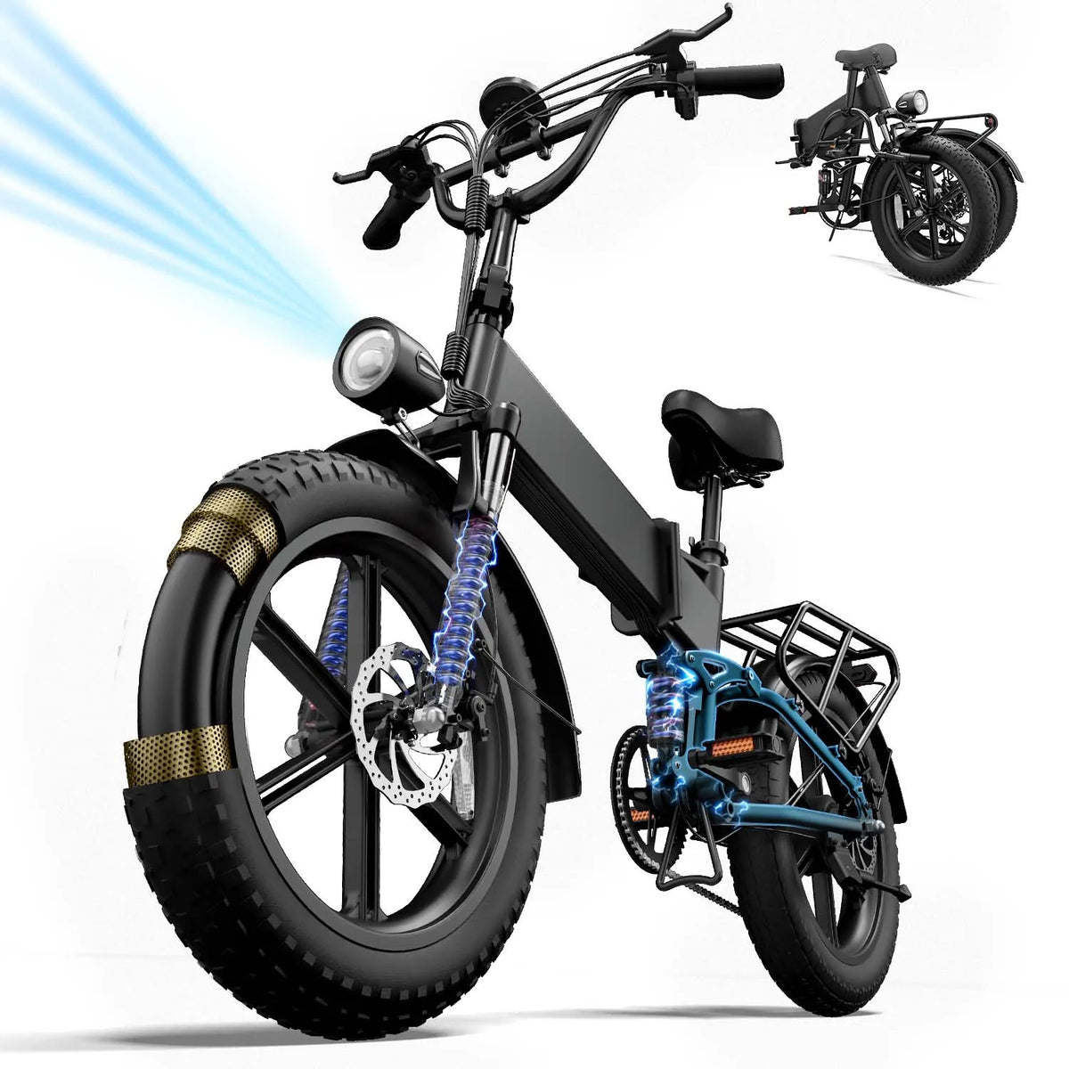 URLIFE T5 Foldable Electric Bike 20 Inch Fat Tire E-Bike for All Terrain 48V Removable Battery Long Range 80Miles Full Suspension Adult Electric Mountain Bike