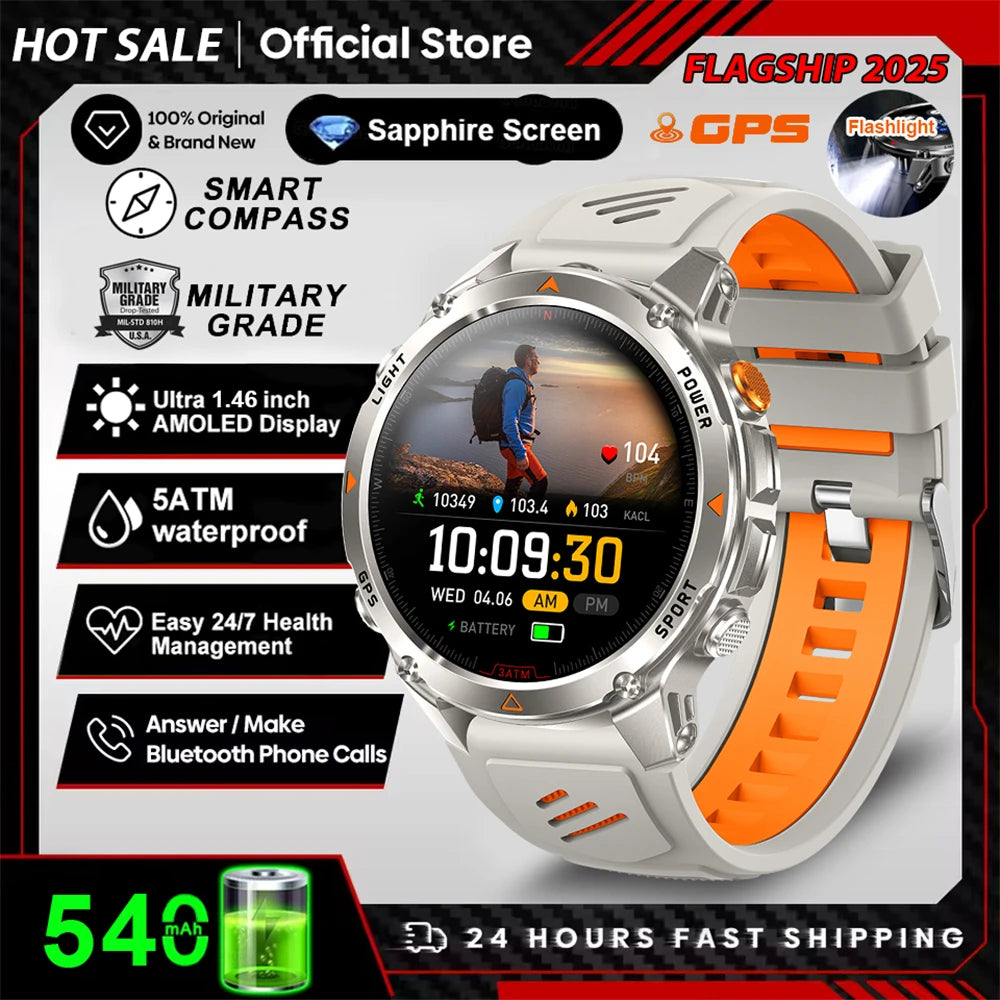 2025 New Military Bluetooth Call Smart Watch Built-in GPS Compass Barometric Altimeter 3ATM Waterproof Sports Smartwatches Men