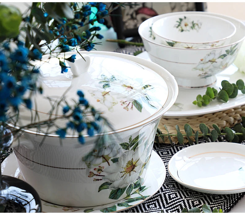Bone China Dinnerware, Household Ceramic Rice Bowl, Deep Dishes, Soup Pots, Steak Flat Plate, Delicate Floral Tableware