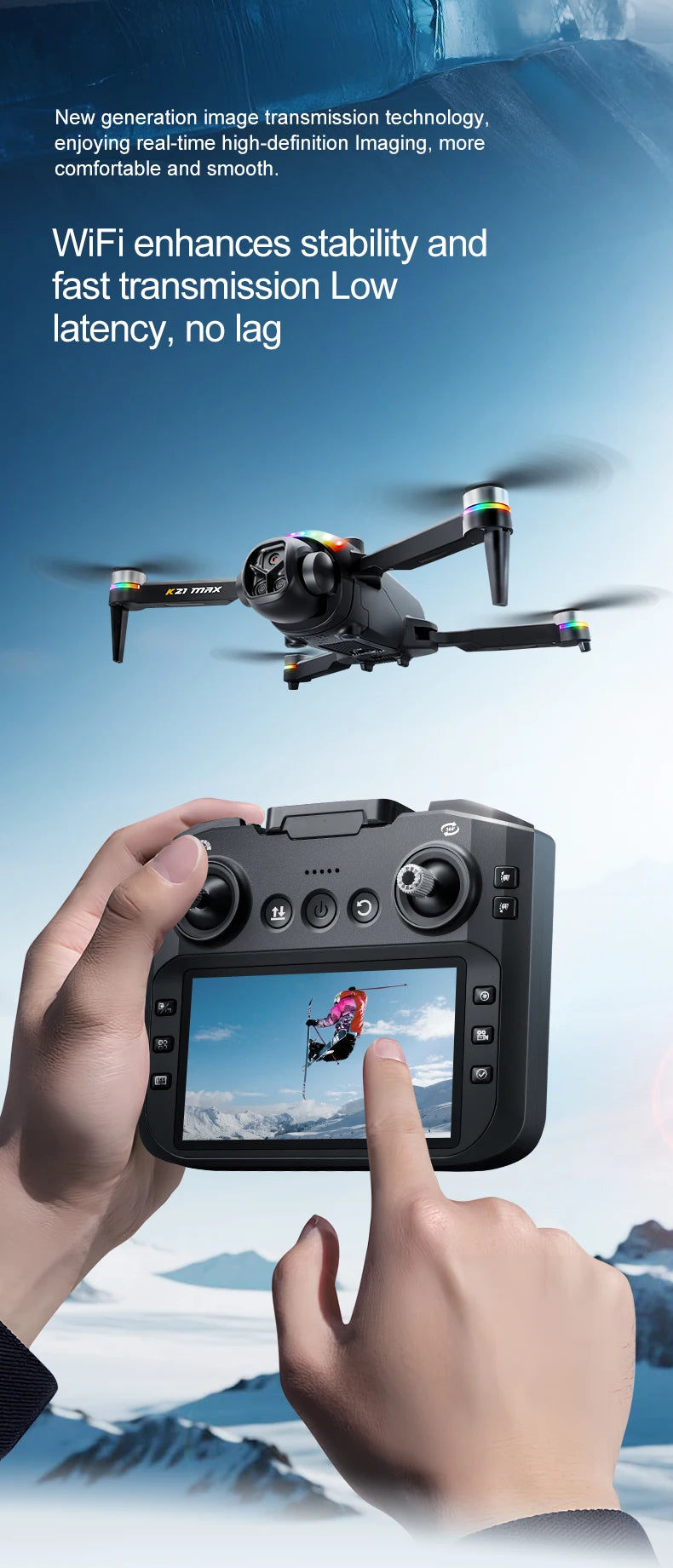 The K21MAX Drone, Equipped with a 4.3-Inch Built-in Screen Remote Controller, Is a Portable Remote-Controlled Quadcopter Suitable for Beginners. It Supports Optical Flow Hovering, Automatic Return-to-Home, and Makes a Great H
