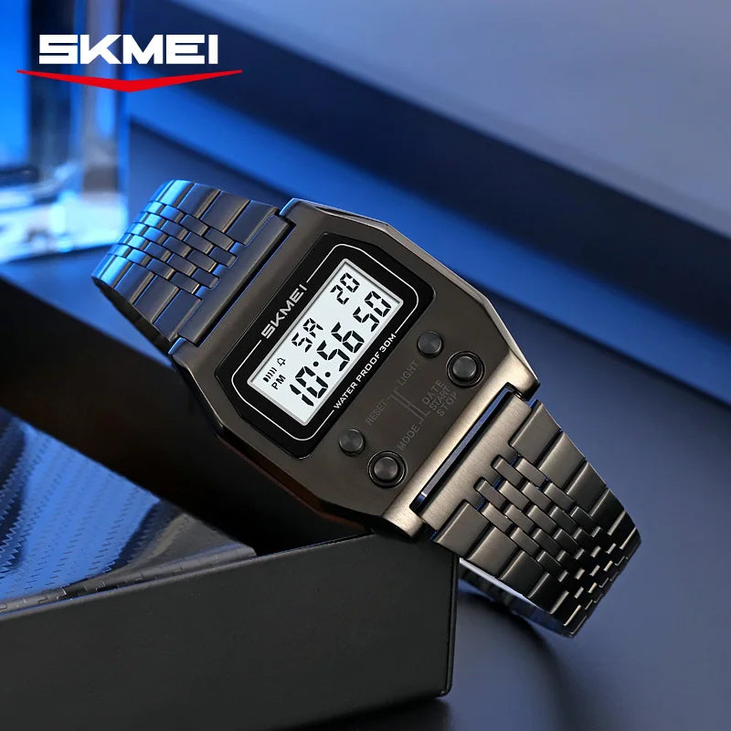 SKMEI 2460 Electronic Waterproof Digital Mens Wristwatches Stainless Steel Sport Luxury Retro LED Watch for Men Reloj Hombre