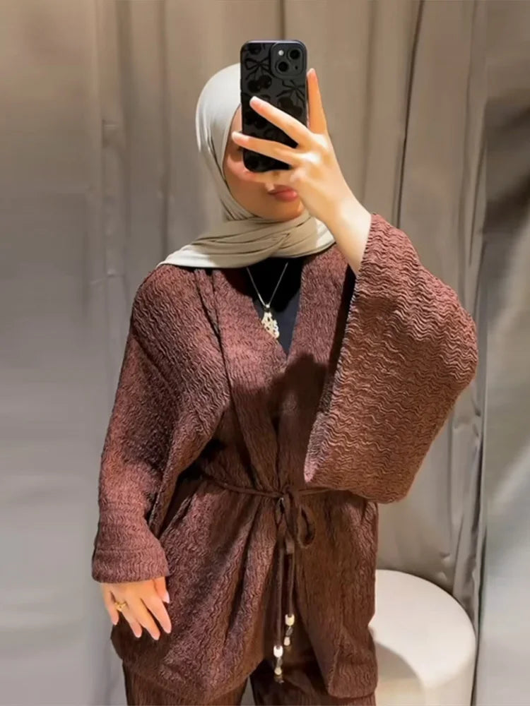 Tie Front Textured Women's Set V-Neck Loose Set Wide Sleeve Drawstring Pants Casual Lounge Solid Color 2 Piece Outfits For Daily
