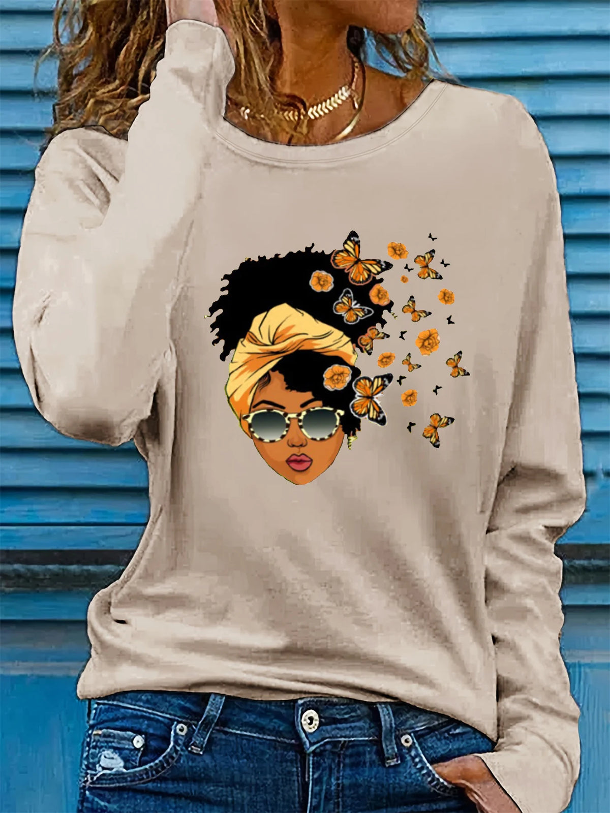 100% pure cotton women's spring and autumn casual fashion long sleeved butterfly and portrait graphic printed round neck T-shirt