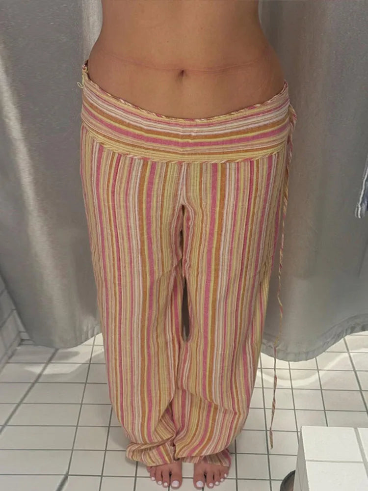Pants Leg Stripe Women's Trousers Adjustable Waist Wrap Loose Summer Floor Length Boho Palazzo Trousers Women's Outfit For Women