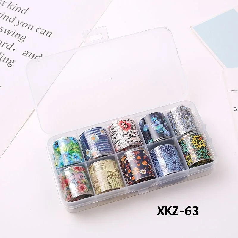 10 Rolls/ Box Charm Nail Foils Polish Stickers Metal Color Starry Paper Transfer Foil Wraps Adhesive Decals Nail Art Decorations