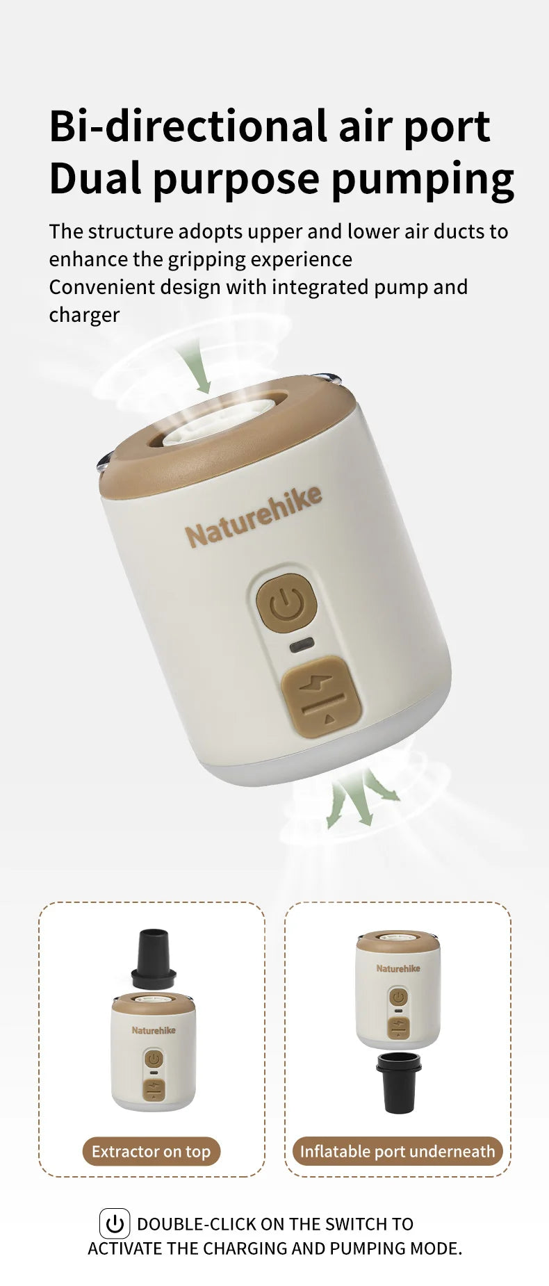 Naturehike Multi-function Air Pump Outdoor Mini Portable Fast Charge Air Pump For Inflatable Mat Travel Camping Pump