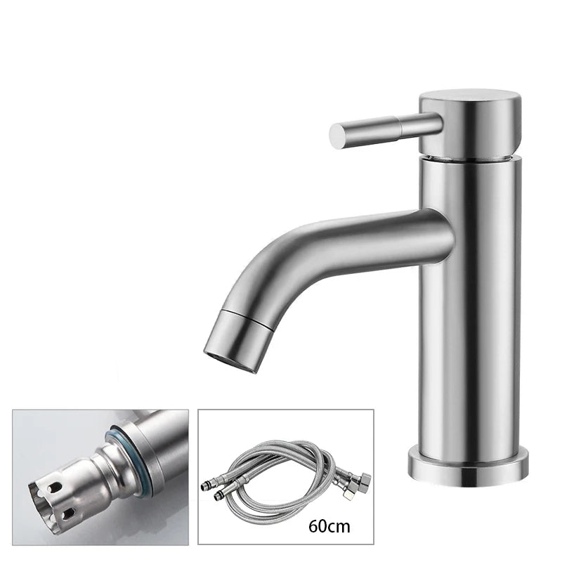 Basin Faucet 304 Stainless Steel Sink Mixer Tap Hot Cold Water Washbasin Bathroom Kitchen Accessories Wanity With 2 Pieces Pipes