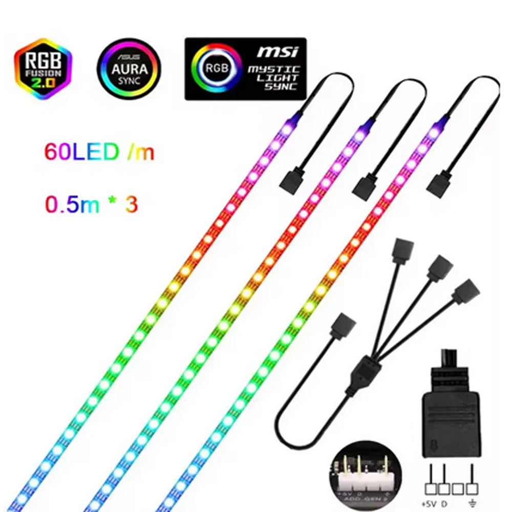 Addressable Rainbow PC Digital WS2812b LED Strip Light for 5V 3pin ARGB Header PC Case Asus Aura Sync RGBIC Fusion MSI Mystic