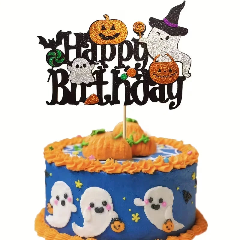 1/3 Halloween Cake Decoration - Spooky Birthday Party Decoration with "Happy Birthday" Text, Glittering Pumpkin, Bat - Wooden Ca