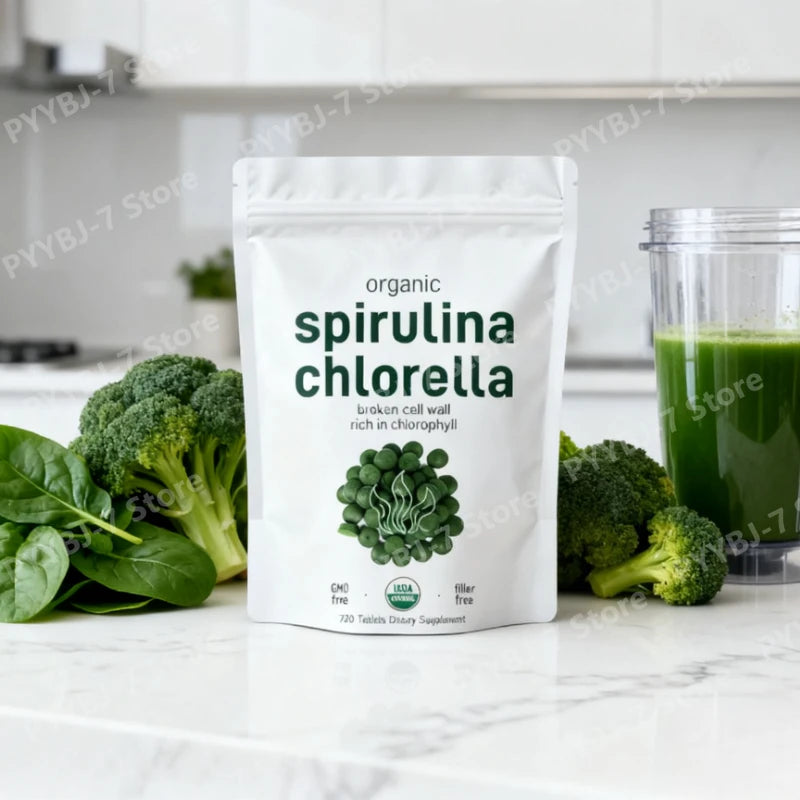 Spirulina Chlorella Tablets Organic Superfood 720 Count Vegan Plant Based Green Algae Nutritional Supplement Chlorophyll Source