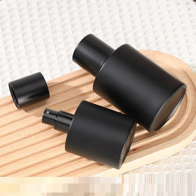 8pcs Matte Black Perfume Refillable Bottle Crimp Pump Atomizer Mist Spray Luruxy Round Empty Fragrance Glass Bottles 30ml 50ml