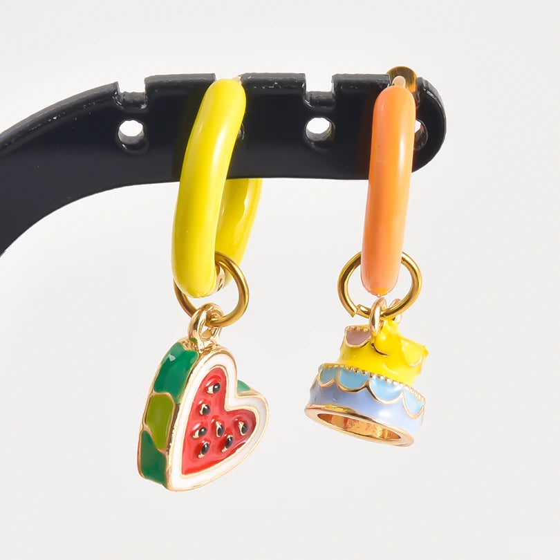 1Pair Dopamine Enamel Sweet Heart  Cute Bee Flower Y2K Girl Aesthetic Aretes Funny Food Cake Gothic Star Hoop Earrings Jewelry